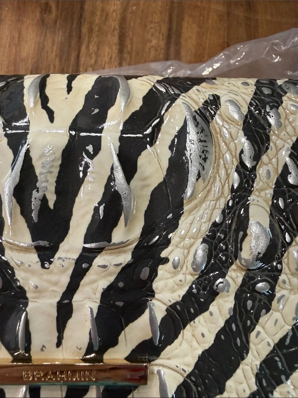 Brahmin Minuette Black & Cream Zebra-Embossed Crossbody Wallet